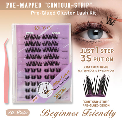 Self-Adhesive Pre-Glued Cluster Lash Kit: W-Shape Wide-Base & Pre-Mapped Contour Styles