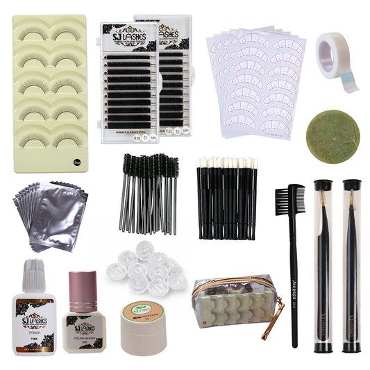 Complete Professional Eyelash Extension Training Kit Beginner Lash Tech Supplies with D Curl Mixed Lashes Hypoallergenic Glue and Precision Tools