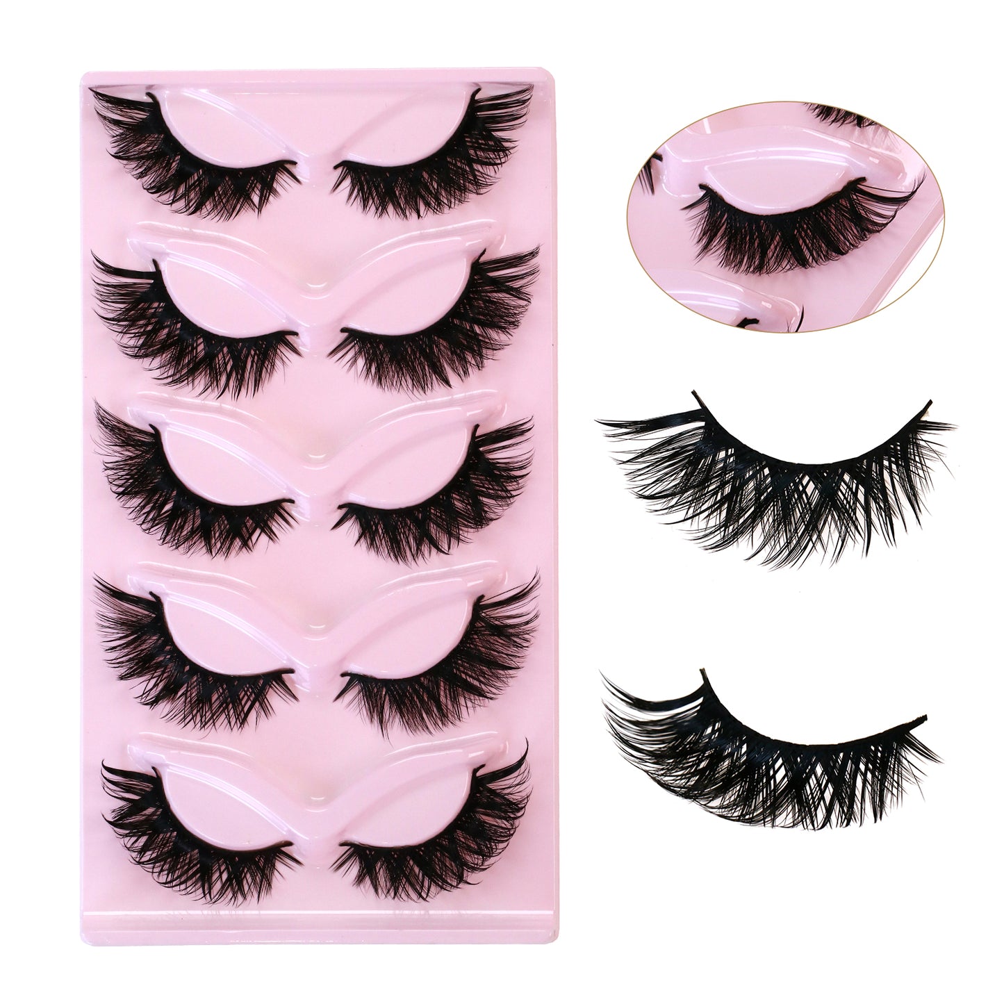 SJLASHES 5 Pairs 3D Winged False Eyelashes Pink Tray Fluffy Cat Eye Lashes Reusable