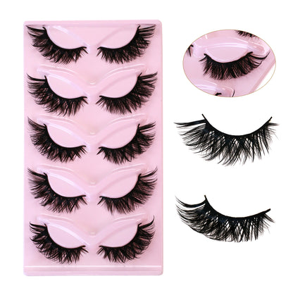 SJLASHES 5 Pairs 3D Winged False Eyelashes Pink Tray Fluffy Cat Eye Lashes Reusable