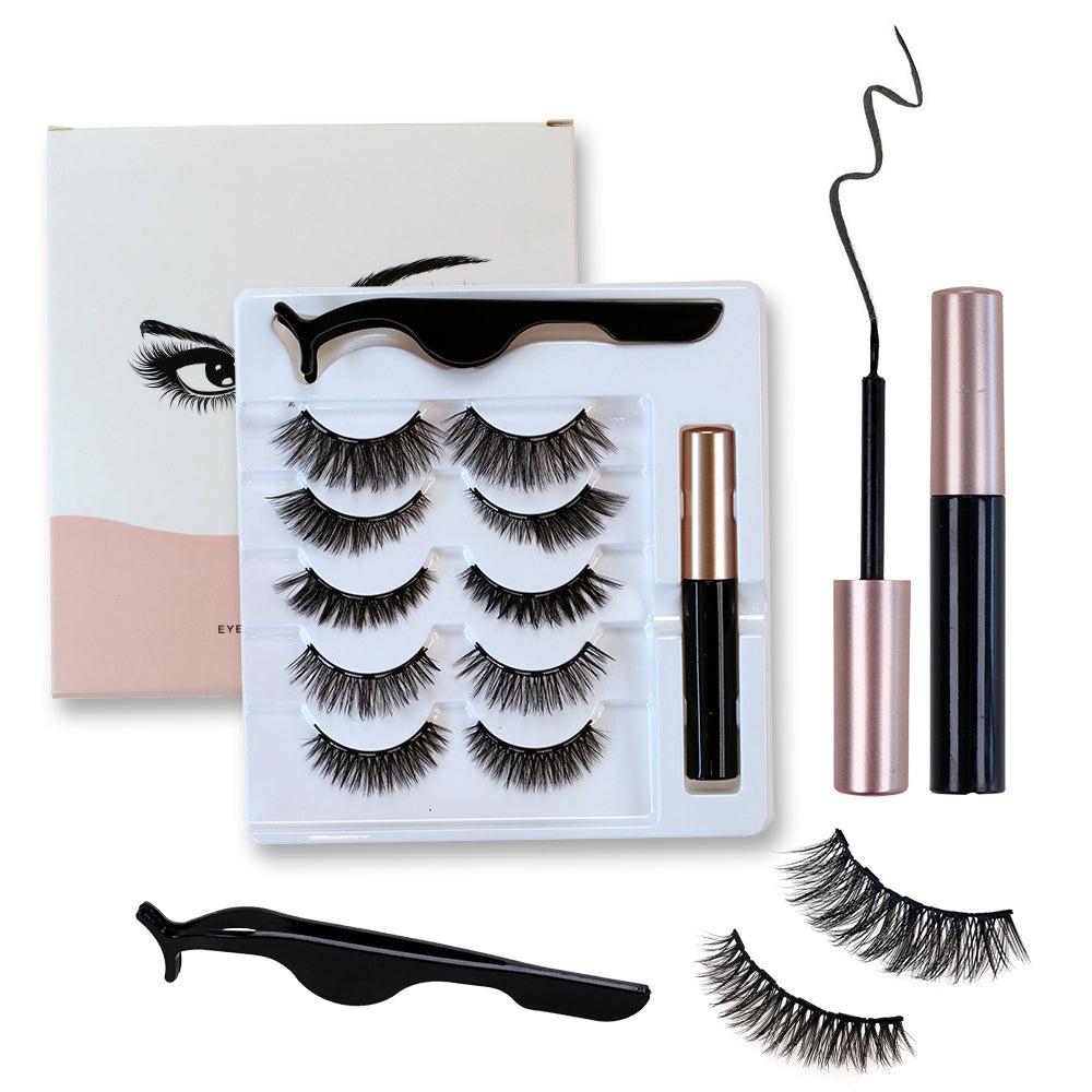 SJLASHES 5 Pairs 3D Magnetic Eyelashes and Eyeliner Kit Premium Synthetic Reusable False Lashes