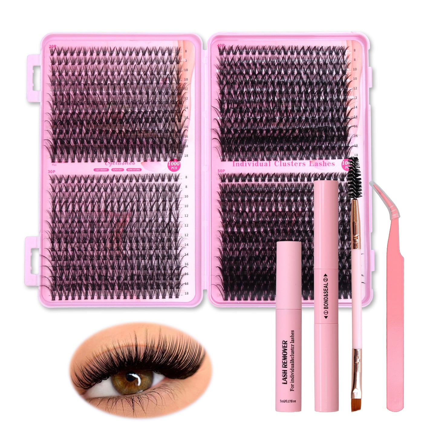 1000 Pcs DIY Eyelash Extension Kit - D Curl Individual Cluster Lashes with Bond, Seal and Remover (8-18mm Mixed Length)