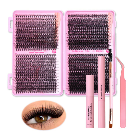 1000 Pcs DIY Eyelash Extension Kit - D Curl Individual Cluster Lashes with Bond, Seal and Remover (8-18mm Mixed Length)