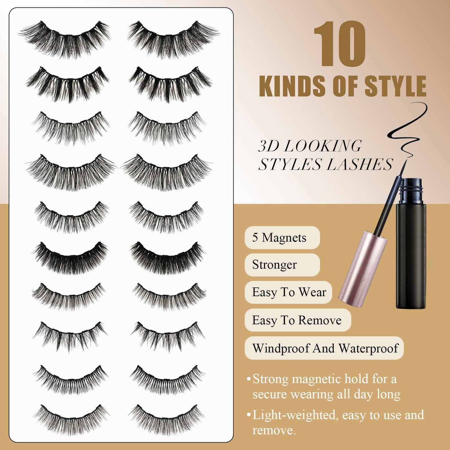 Upgraded Magnetic Eyelashes and Eyeliner Kit - 10 Pairs 3D Natural False Lashes, 5 Strong Magnets, Waterproof & Reusable Eyelash Set with Tweezers