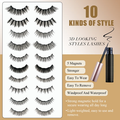 Upgraded Magnetic Eyelashes and Eyeliner Kit - 10 Pairs 3D Natural False Lashes, 5 Strong Magnets, Waterproof & Reusable Eyelash Set with Tweezers