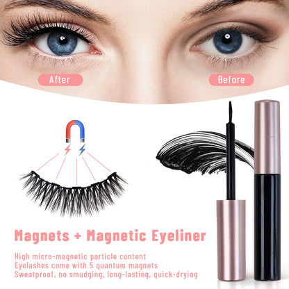 SJLASHES 5 Pairs 3D Magnetic Eyelashes and Eyeliner Kit Premium Synthetic Reusable False Lashes