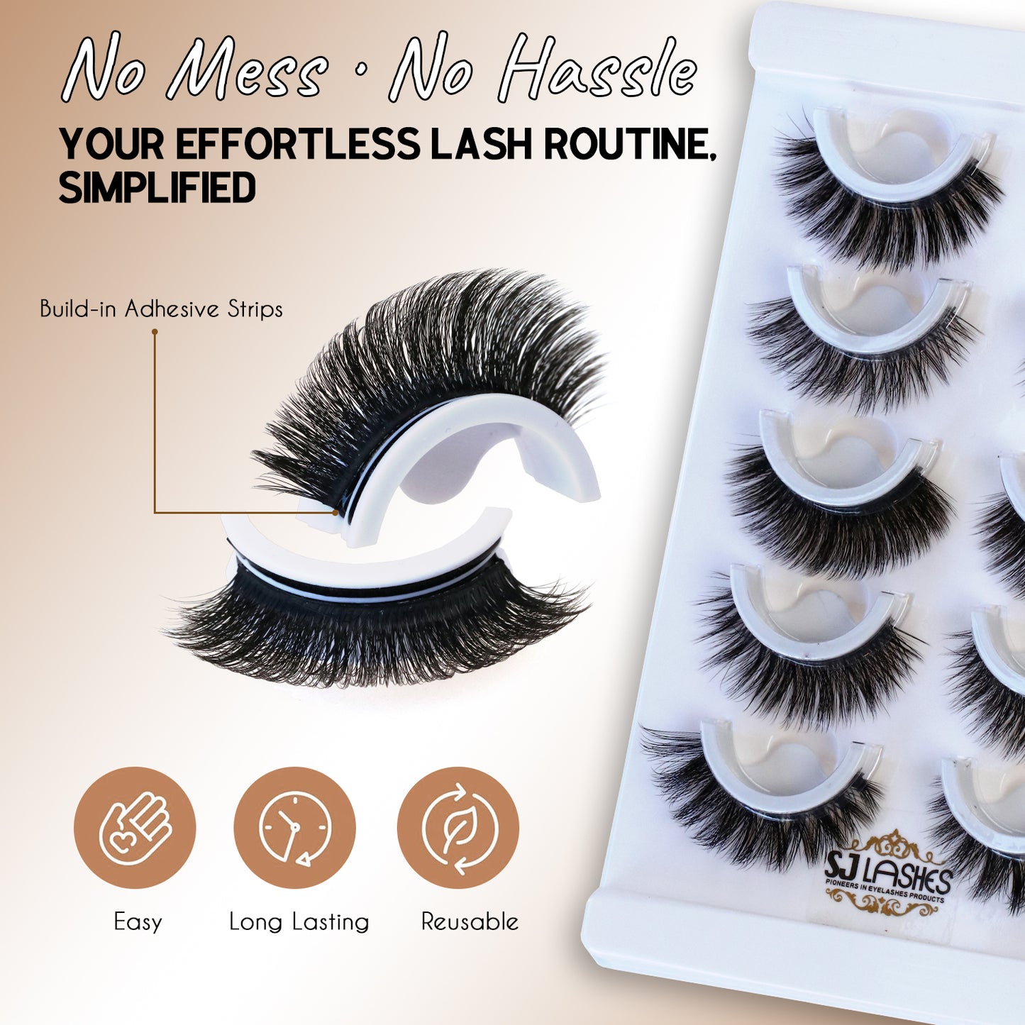 SJLASHES 5 Pairs Self-Adhesive False Eyelashes Set Reusable Glue-Free 3D Volume Lashes with Applicator Tool