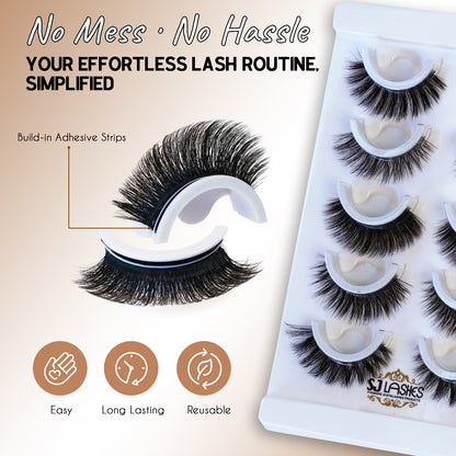 SJLASHES 5 Pairs Self-Adhesive False Eyelashes Set Reusable Glue-Free 3D Volume Lashes with Applicator Tool