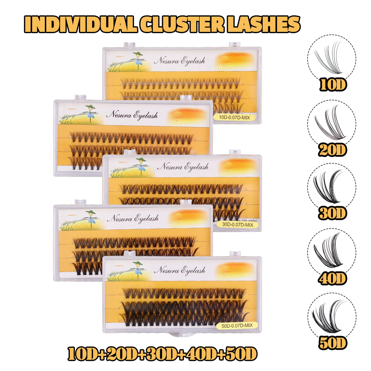 Complete DIY Eyelash Extension Kit - 10D to 50D Volume Cluster Lashes with Bond, Seal and Remover (D Curl, 5 Trays)