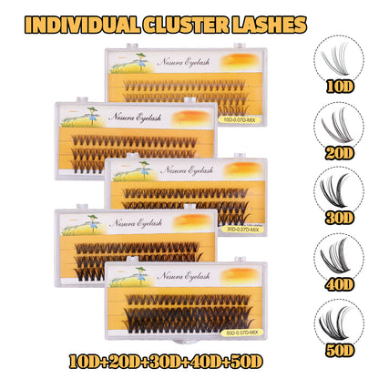 Complete DIY Eyelash Extension Kit - 10D to 50D Volume Cluster Lashes with Bond, Seal and Remover (D Curl, 5 Trays)