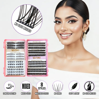 SJLASHES Self Adhesive Cluster Lash Book Pre Glued DIY Lash Extensions 2 Styles No Glue Needed
