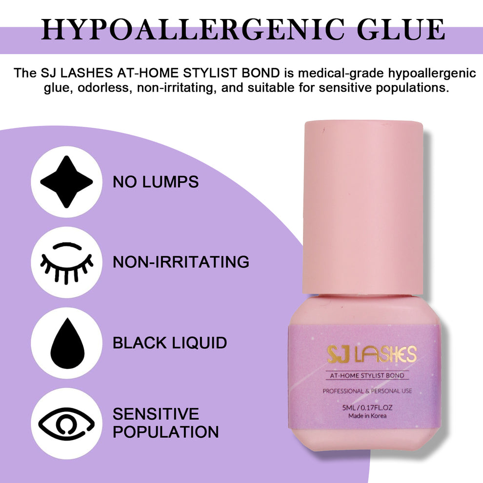 Hypoallergenic lash glue for sensitive eyes: no lumps, non-irritating, smooth black liquid Hypoallergenic lash glue infographic for SJ LASHES At-Home Stylist Bond: no lumps, non-irritating, black liquid, suitable for sensitive eyes