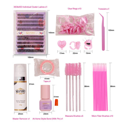Complete DIY Eyelash Extension Kit - 30D & 40D Individual Cluster Lashes with Waterproof Adhesive, Remover and Tools (D Curl)