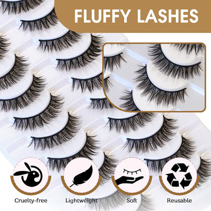 SJLASHES 10 Pairs Natural Strip Lashes Multipack - Reusable Everyday False Eyelashes
