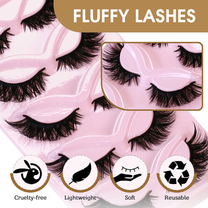 SJLASHES 5 Pairs 3D Winged False Eyelashes Pink Tray Fluffy Cat Eye Lashes Reusable