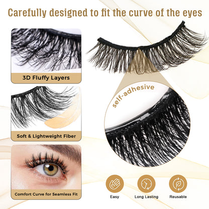 SJ LASHES Self-Adhesive Magic False Lashes Kit - 6 Pairs Reusable Pre-Glued Eyelashes with Pro Applicator - No Glue 3-Second Application