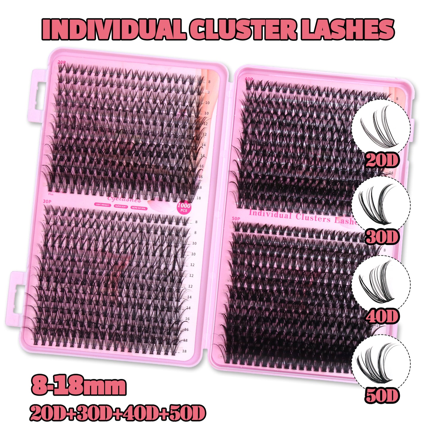 1000 Pcs DIY Eyelash Extension Kit - D Curl Individual Cluster Lashes with Bond, Seal and Remover (8-18mm Mixed Length)
