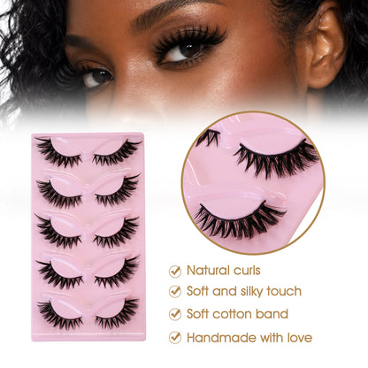 5 Pairs 3D Winged Cat Eye False Eyelashes Pink Tray Edition Wispy Drama Look Reusable by SJLASHES