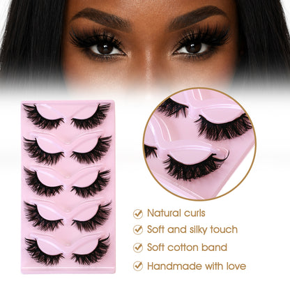 SJLASHES 5 Pairs 3D Winged False Eyelashes Pink Tray Fluffy Cat Eye Lashes Reusable