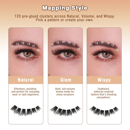 Self-Adhesive Pre-Glued Cluster Lash Kit: W-Shape Wide-Base & Pre-Mapped Contour Styles