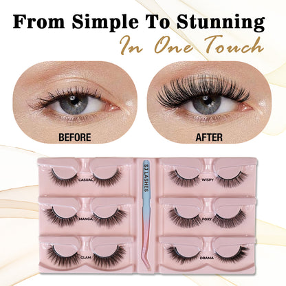 SJ LASHES Self-Adhesive Magic False Lashes Kit - 6 Pairs Reusable Pre-Glued Eyelashes with Pro Applicator - No Glue 3-Second Application