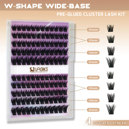 Self-Adhesive Pre-Glued Cluster Lash Kit: W-Shape Wide-Base & Pre-Mapped Contour Styles