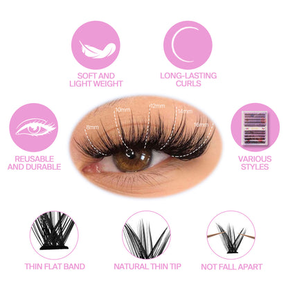 Complete DIY Eyelash Extension Kit - 30D & 40D Individual Cluster Lashes with Waterproof Adhesive, Remover and Tools (D Curl)