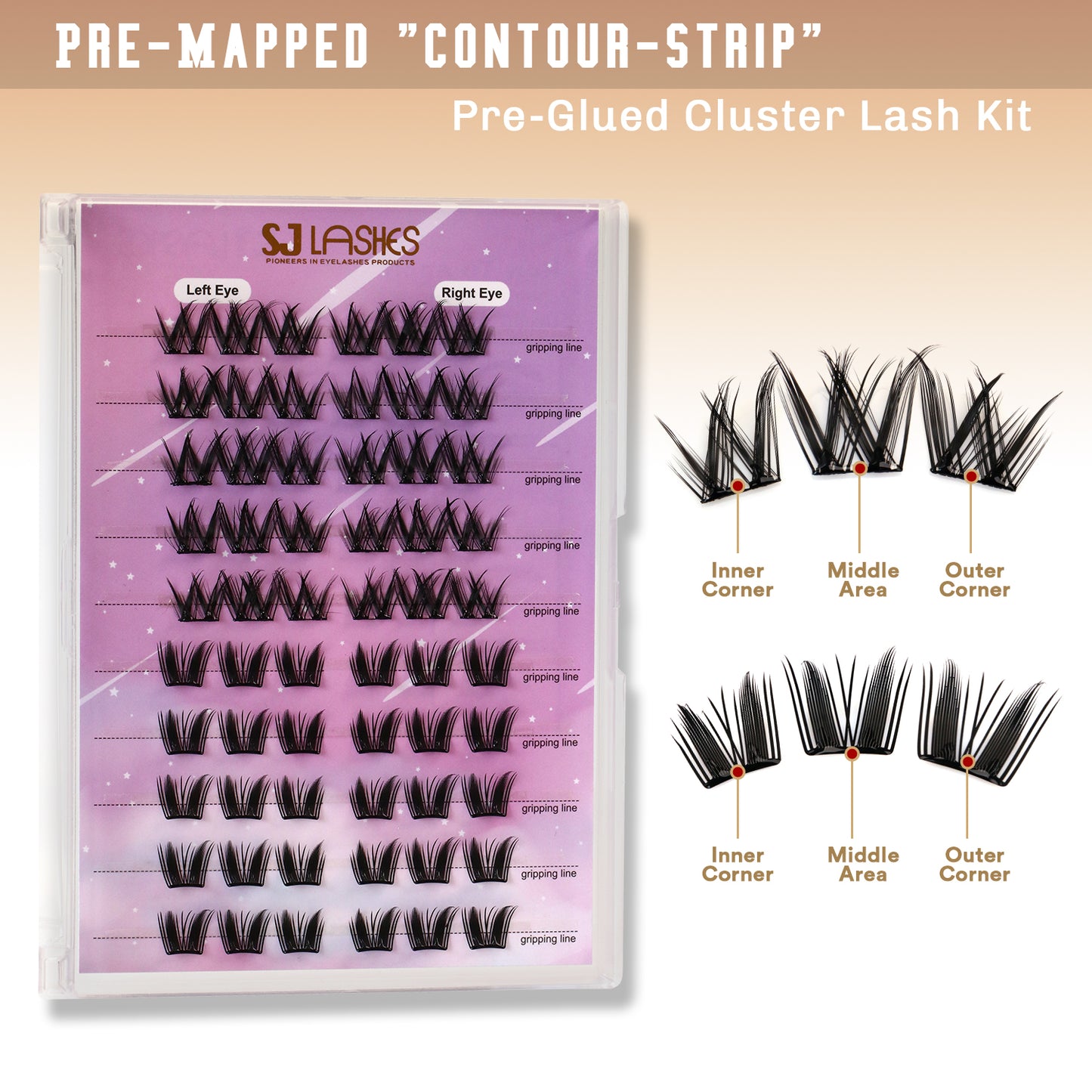 Self-Adhesive Pre-Glued Cluster Lash Kit: W-Shape Wide-Base & Pre-Mapped Contour Styles