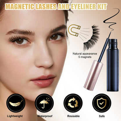 Upgraded Magnetic Eyelashes and Eyeliner Kit - 10 Pairs 3D Natural False Lashes, 5 Strong Magnets, Waterproof & Reusable Eyelash Set with Tweezers