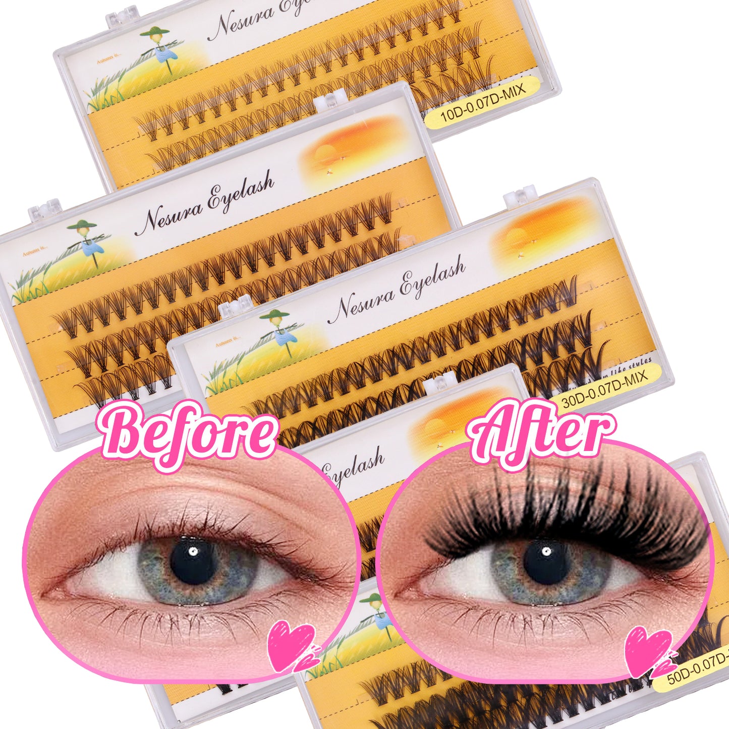 Complete DIY Eyelash Extension Kit - 10D to 50D Volume Cluster Lashes with Bond, Seal and Remover (D Curl, 5 Trays)