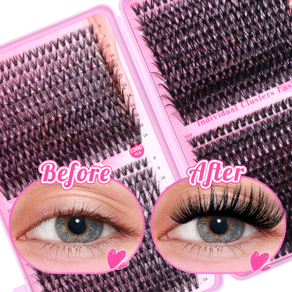 1000 Pcs DIY Eyelash Extension Kit - D Curl Individual Cluster Lashes with Bond, Seal and Remover (8-18mm Mixed Length)
