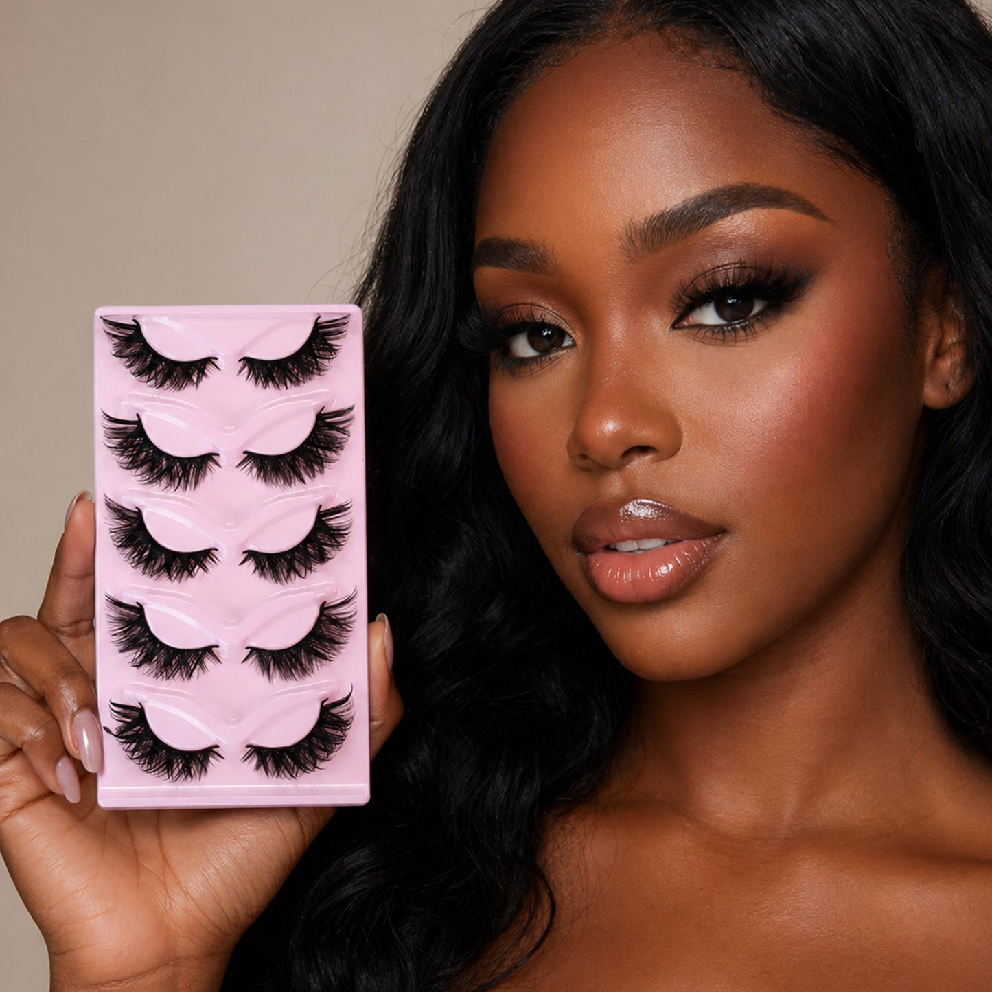 SJLASHES 5 Pairs 3D Winged False Eyelashes Pink Tray Fluffy Cat Eye Lashes Reusable