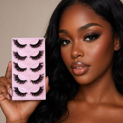 SJLASHES 5 Pairs 3D Winged False Eyelashes Pink Tray Fluffy Cat Eye Lashes Reusable