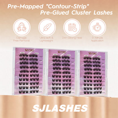 Self-Adhesive Pre-Glued Cluster Lash Kit: W-Shape Wide-Base & Pre-Mapped Contour Styles