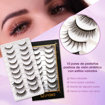 10 Pairs Faux Mink False Eyelashes Mixed Styles Multipack Fluffy Natural to Dramatic Handmade Lashes with Soft Cotton Band– Luxury Pro Black Edition