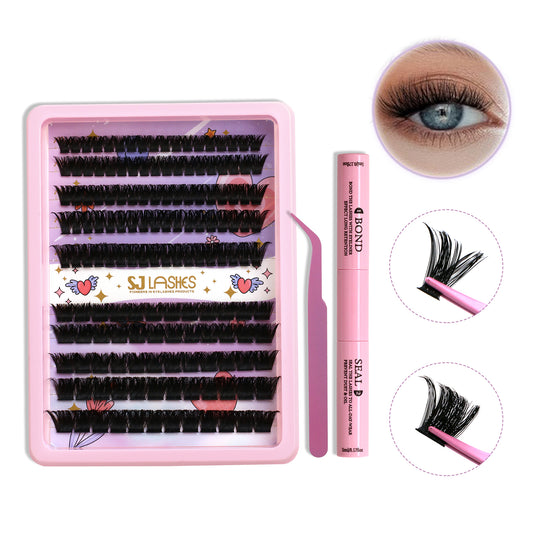 SJLASHES Professional DIY Eyelash Extension Kit 100D and 200D Clusters with Dual Ended Bond and Seal