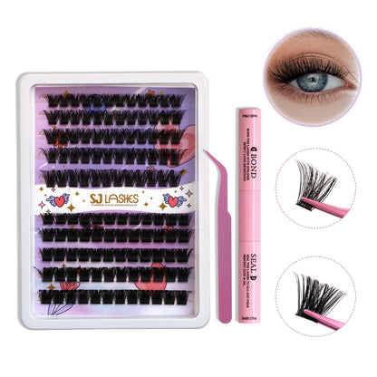 SJLASHES DIY Cluster Lash Extension Kit Mixed Voluminous Styles with Bond and Seal and Precision Tweezer