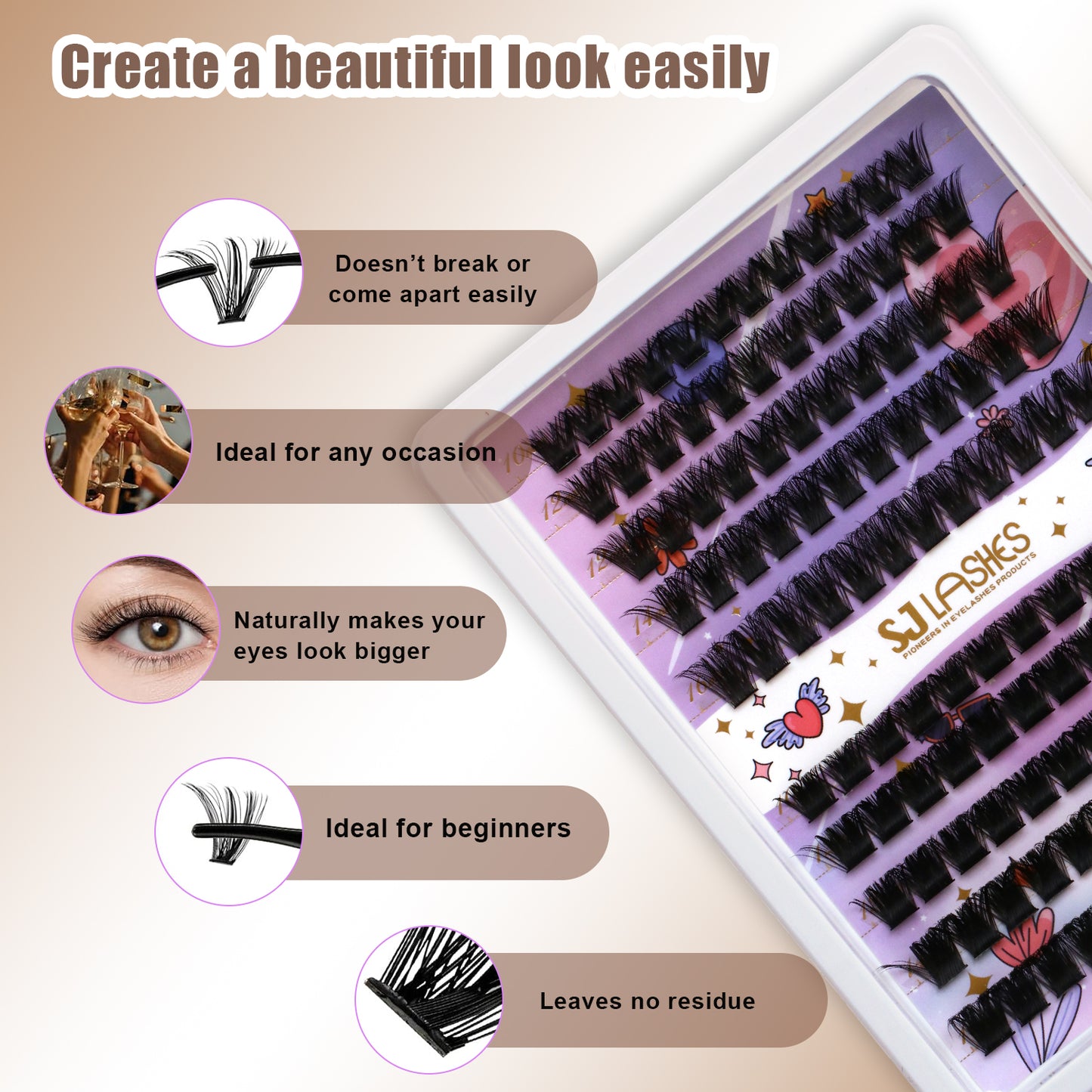 SJLASHES DIY Cluster Lash Extension Kit Mixed Voluminous Styles with Bond and Seal and Precision Tweezer