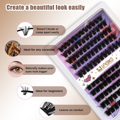SJLASHES DIY Cluster Lash Extension Kit Mixed Voluminous Styles with Bond and Seal and Precision Tweezer