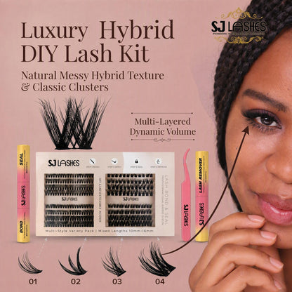 SJ LASHES DIY Professional Lash Extension Kit - Multi-Style Cluster Lashes (10-16mm) with Dual-Ended Bond & Seal and Lash Remover