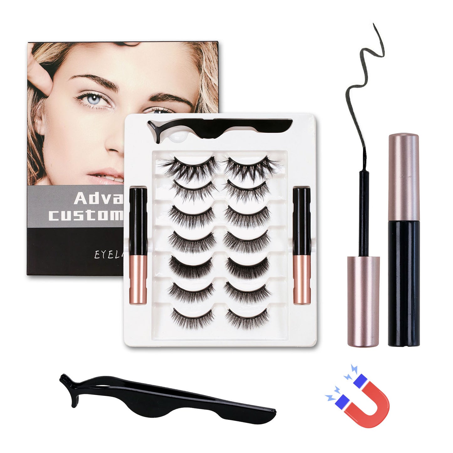 7 Pairs Magnetic Eyelashes and Eyeliner Kit - Waterproof No-Glue Reusable False Lashes with Applicator (C-Curl, Black)