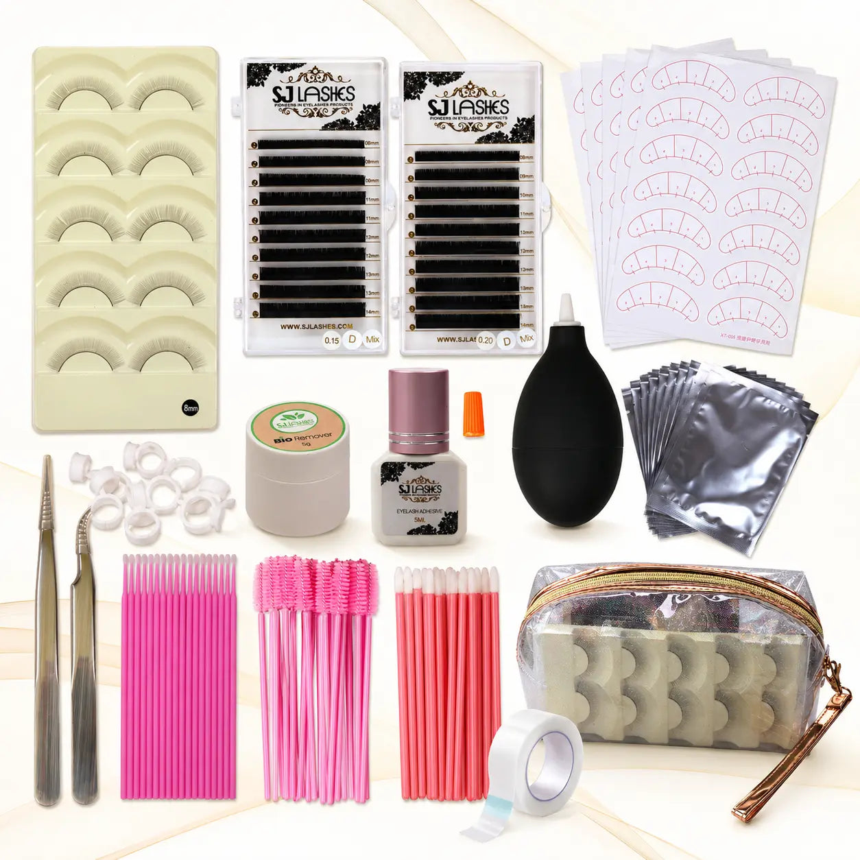 SJ LASHES Eyelash Extension Kit - Complete Faux Mink 3D Lash Practice Set for Beginners & Pros with Premium Glue Remover Tweezers & More - Flawless, Makeup