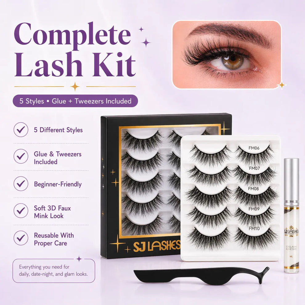 SJ LASHES False Eyelashes Kit, 5 Pairs 3D Faux Mink Wispy Natural Lashes with Glue & Tweezers, Reusable Soft Lightweight False Lashes, 5 Styles Makeup