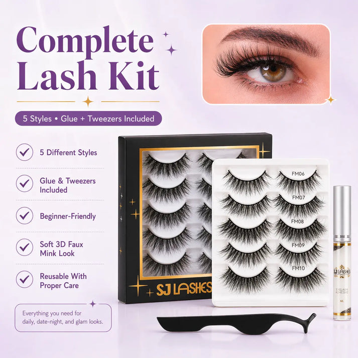 SJ LASHES False Eyelashes Kit 3D Faux Mink