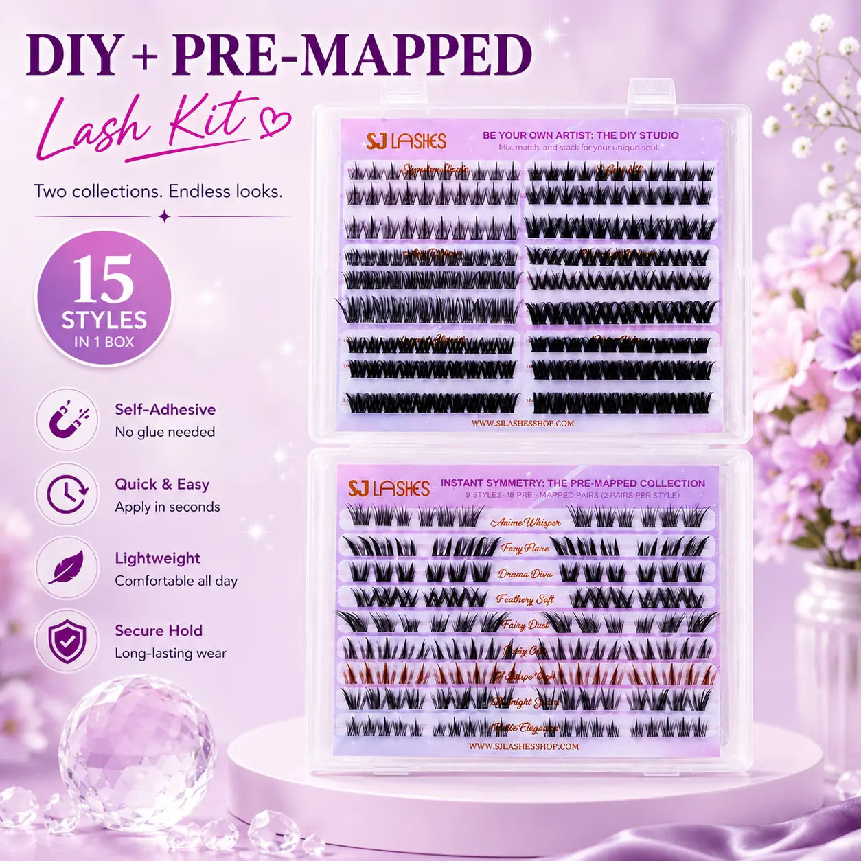 Self Adhesive DIY Lash Extension Kit Pre Mapped Clusters No Glue Needed 15 Styles Natural to Glam