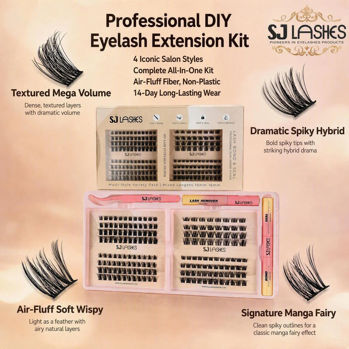 SJ LASHES DIY Professional Lash Extension Kit - Multi-Style Cluster Lashes (10-16mm) with Dual-Ended Bond & Seal and Lash Remover