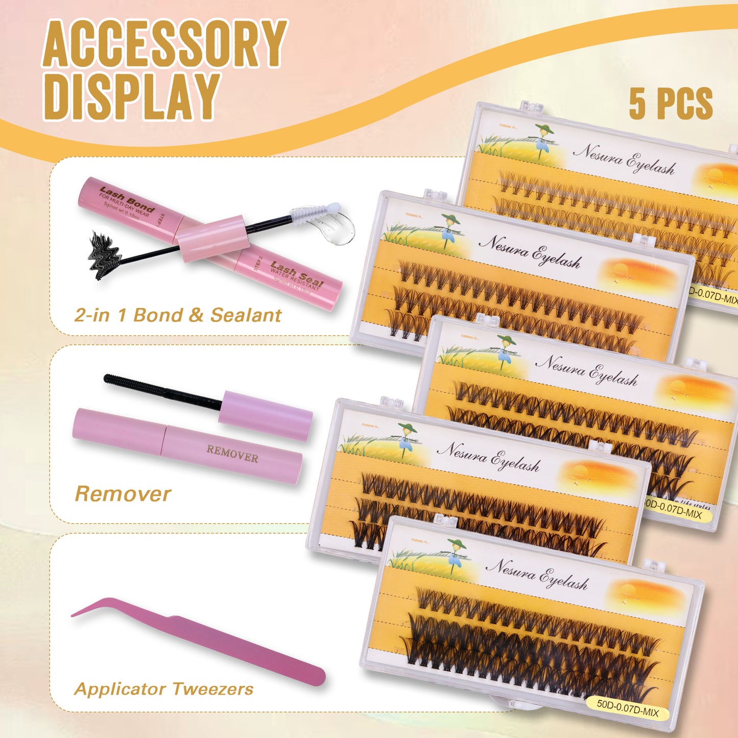 Complete DIY Eyelash Extension Kit - 10D to 50D Volume Cluster Lashes with Bond, Seal and Remover (D Curl, 5 Trays)