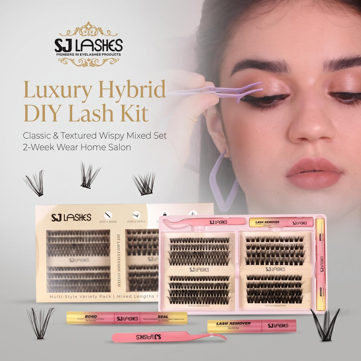 SJ LASHES DIY Professional Lash Extension Kit - Multi-Style Cluster Lashes (10-16mm) with Dual-Ended Bond & Seal and Lash Remover