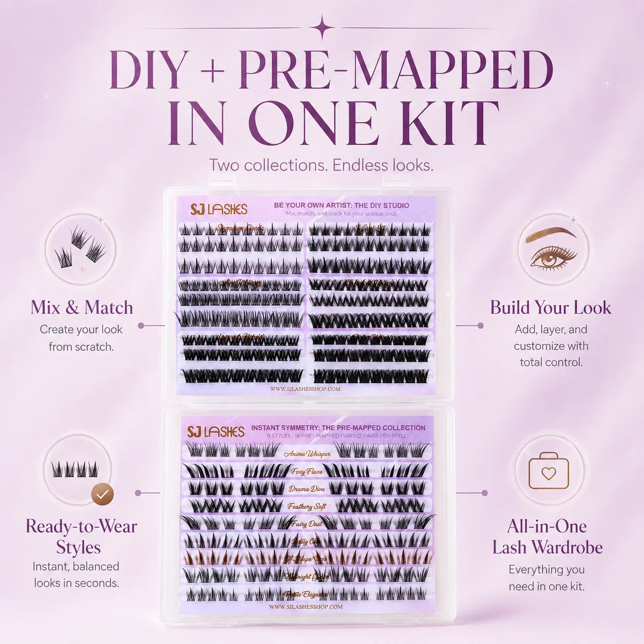 Self Adhesive DIY Lash Extension Kit Pre Mapped Clusters No Glue Needed 15 Styles Natural to Glam