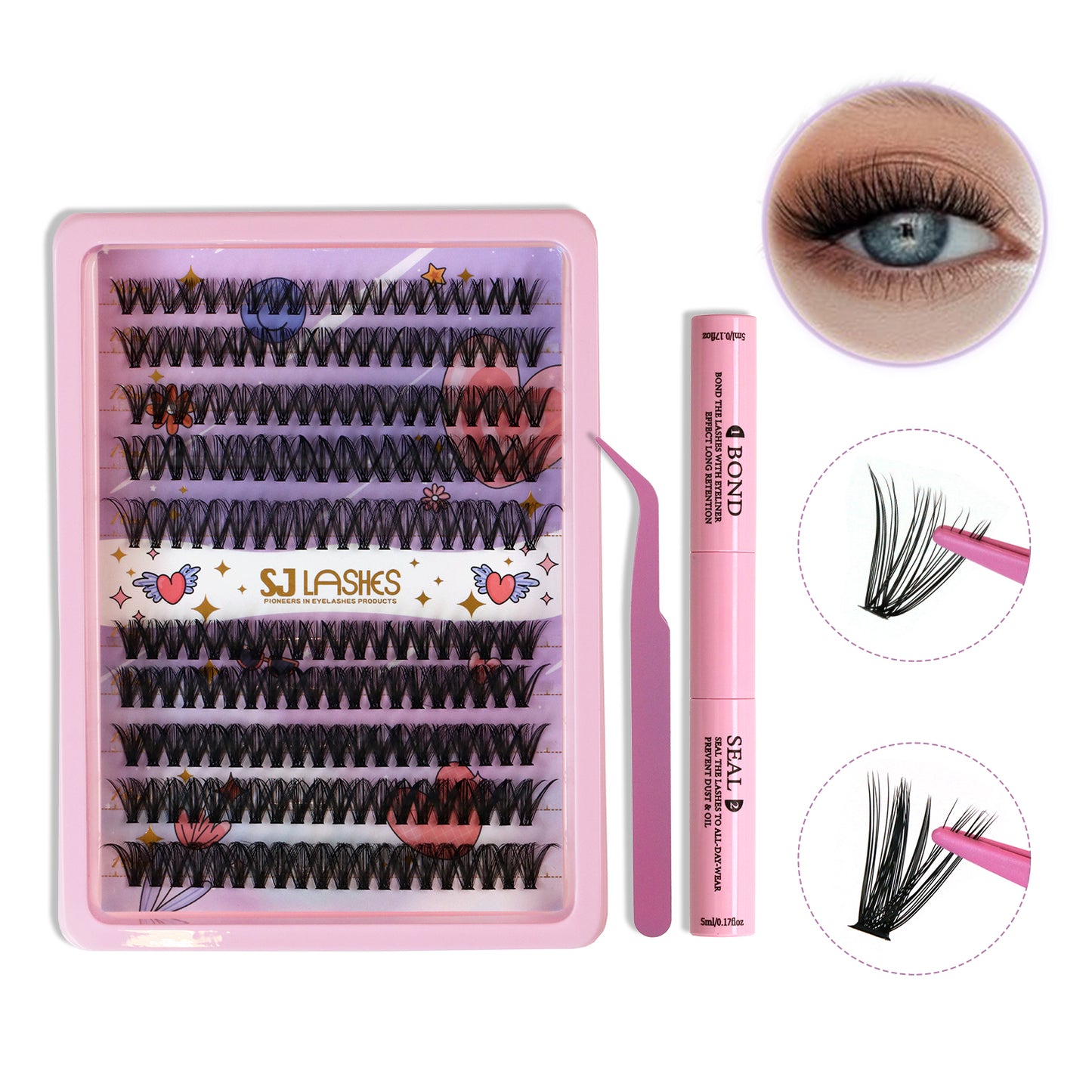 SJLASHES DIY Cluster Lash Extension Kit Waterproof Bond and Seal with Tweezers
